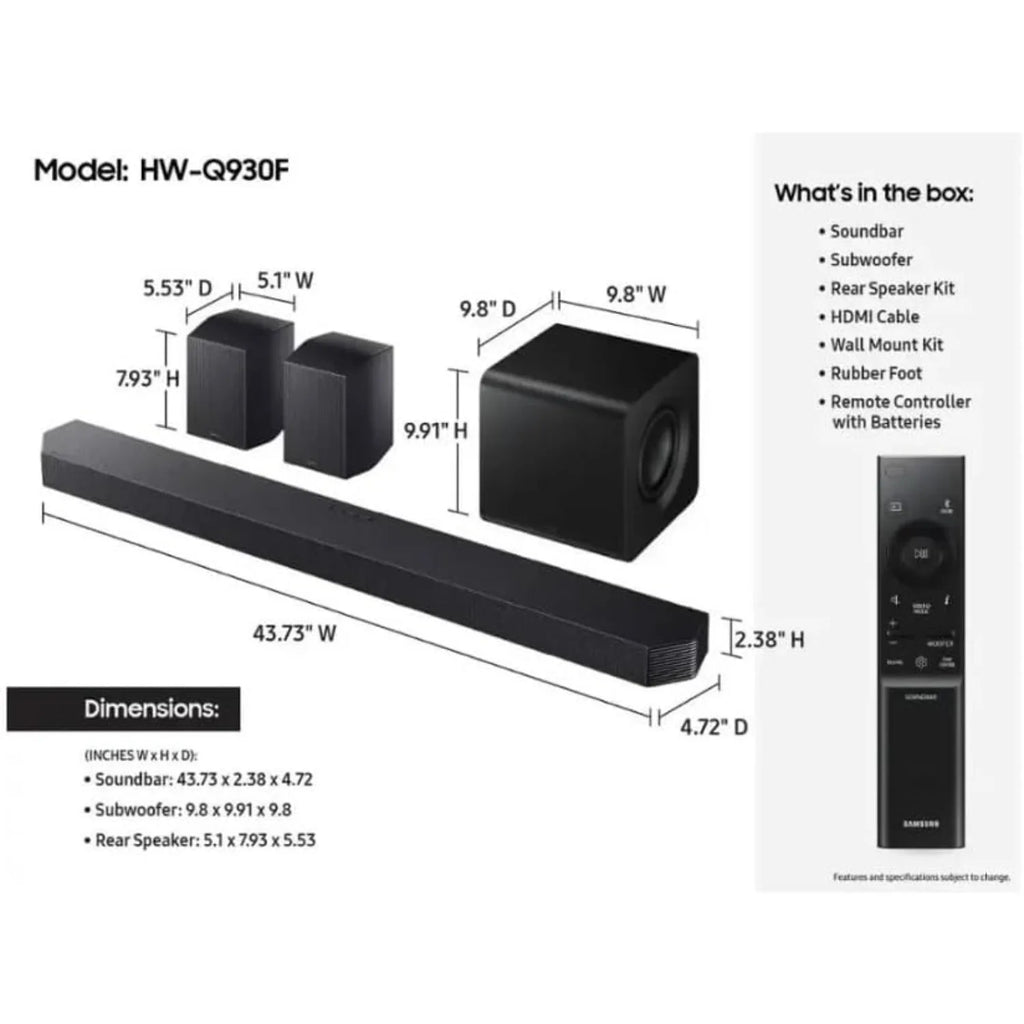Samsung Q-Series HW-Q930F 9.1.4ch Soundbar with Subwoofer & Rear Speakers, Dolby Atmos, Wi-Fi, Black