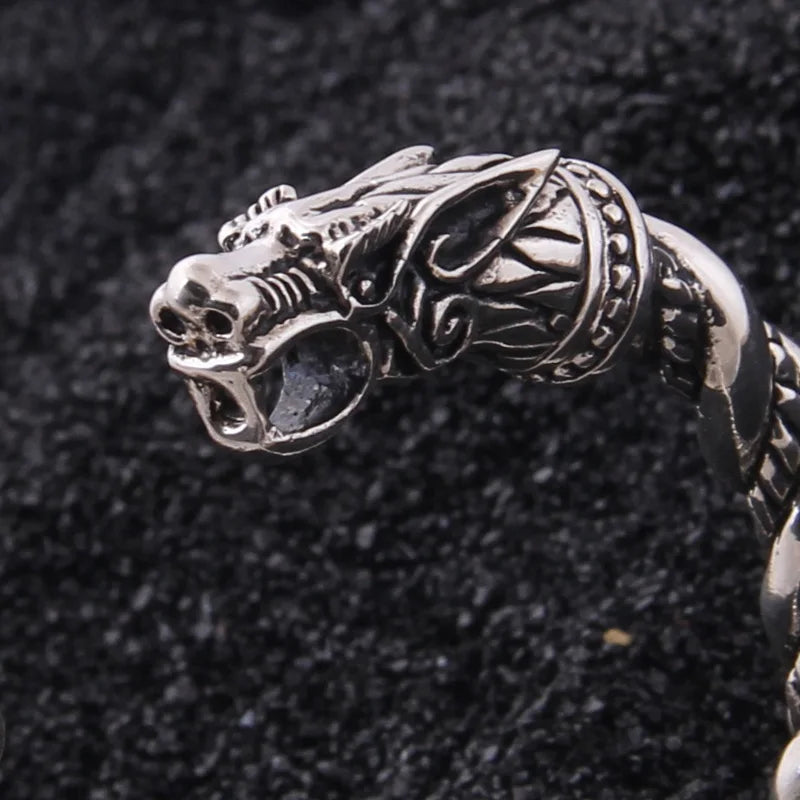 S925 Sterling Silver Viking Wolf Bangle with wood box as gift for men or women