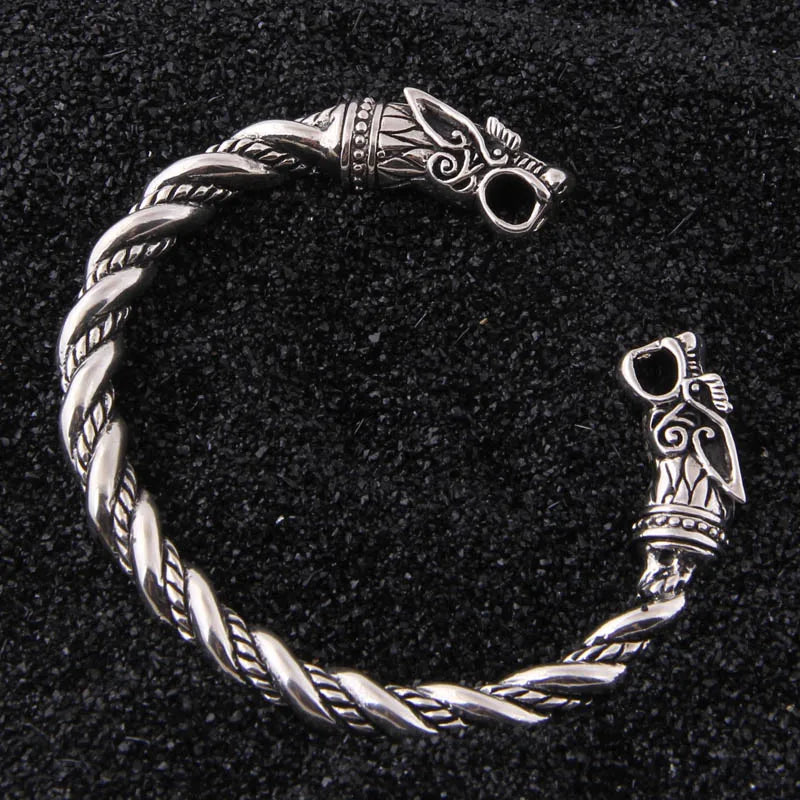 S925 Sterling Silver Viking Wolf Bangle with wood box as gift for men or women
