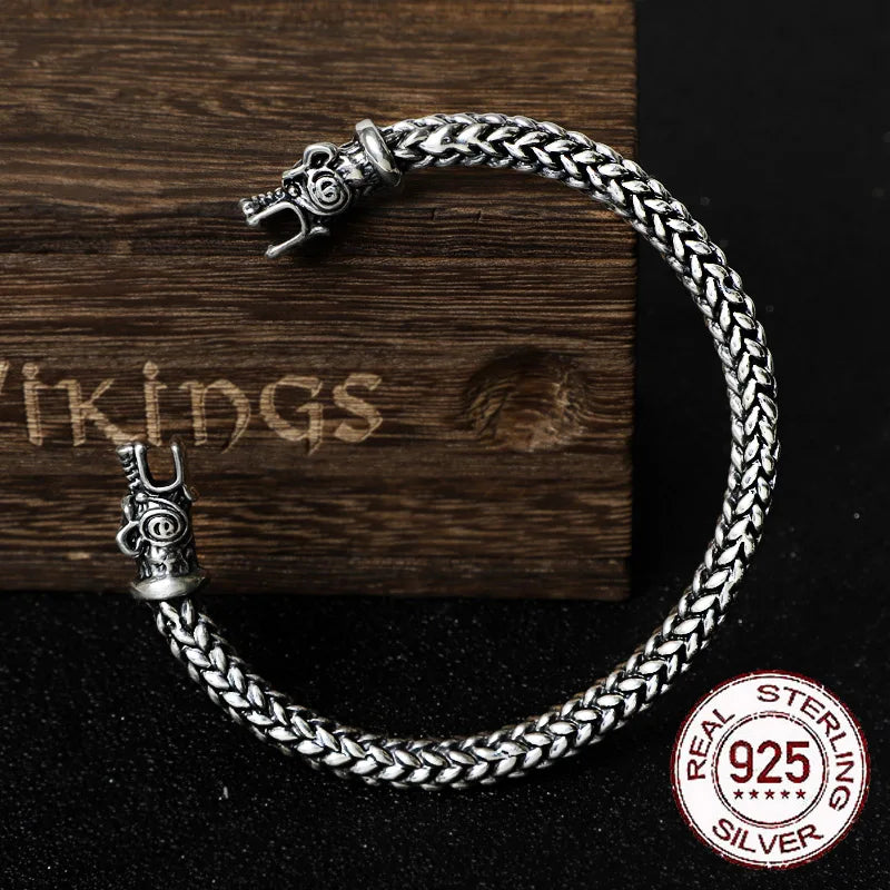 Real 925 Sterling Silver Viking Dragon Bangle Twisted body with wood box as gift