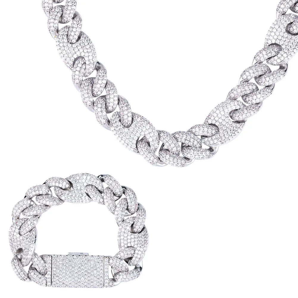 TOPGRILLZ 20mm New Lock Clasp Miami Cuban Chain with Bracelet & Necklace Set AAA Bling Cubic Zirconia CZ Hip hop Rock Jewelry