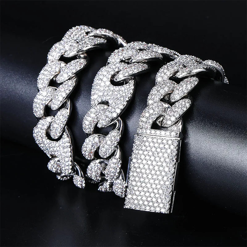 TOPGRILLZ 20mm New Lock Clasp Miami Cuban Chain with Bracelet & Necklace Set AAA Bling Cubic Zirconia CZ Hip hop Rock Jewelry
