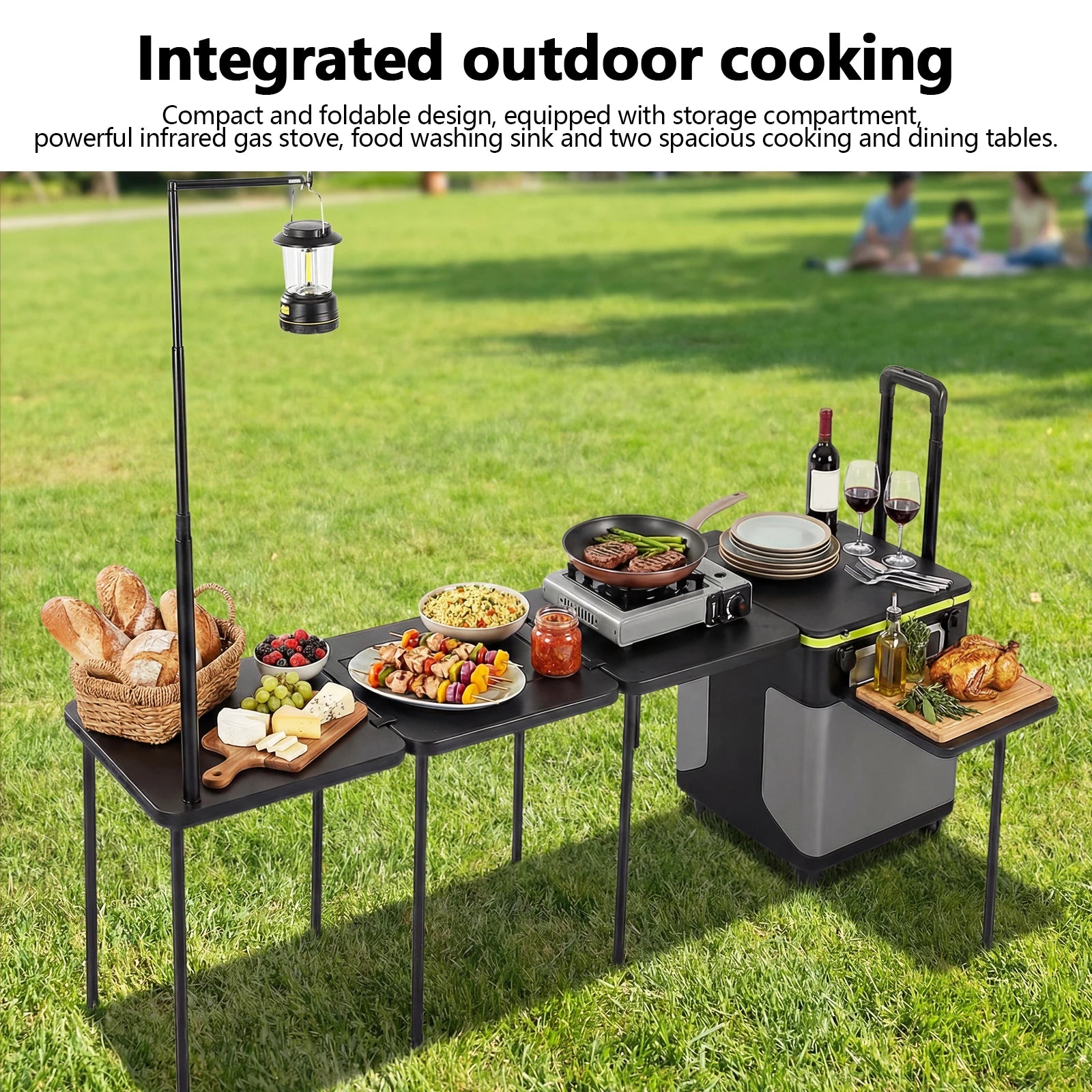 Portable Folding Kitchen Table with Wheels Portable Folding Camp Cook Station with Light Poles for Home BBQ Tailgates Cookouts