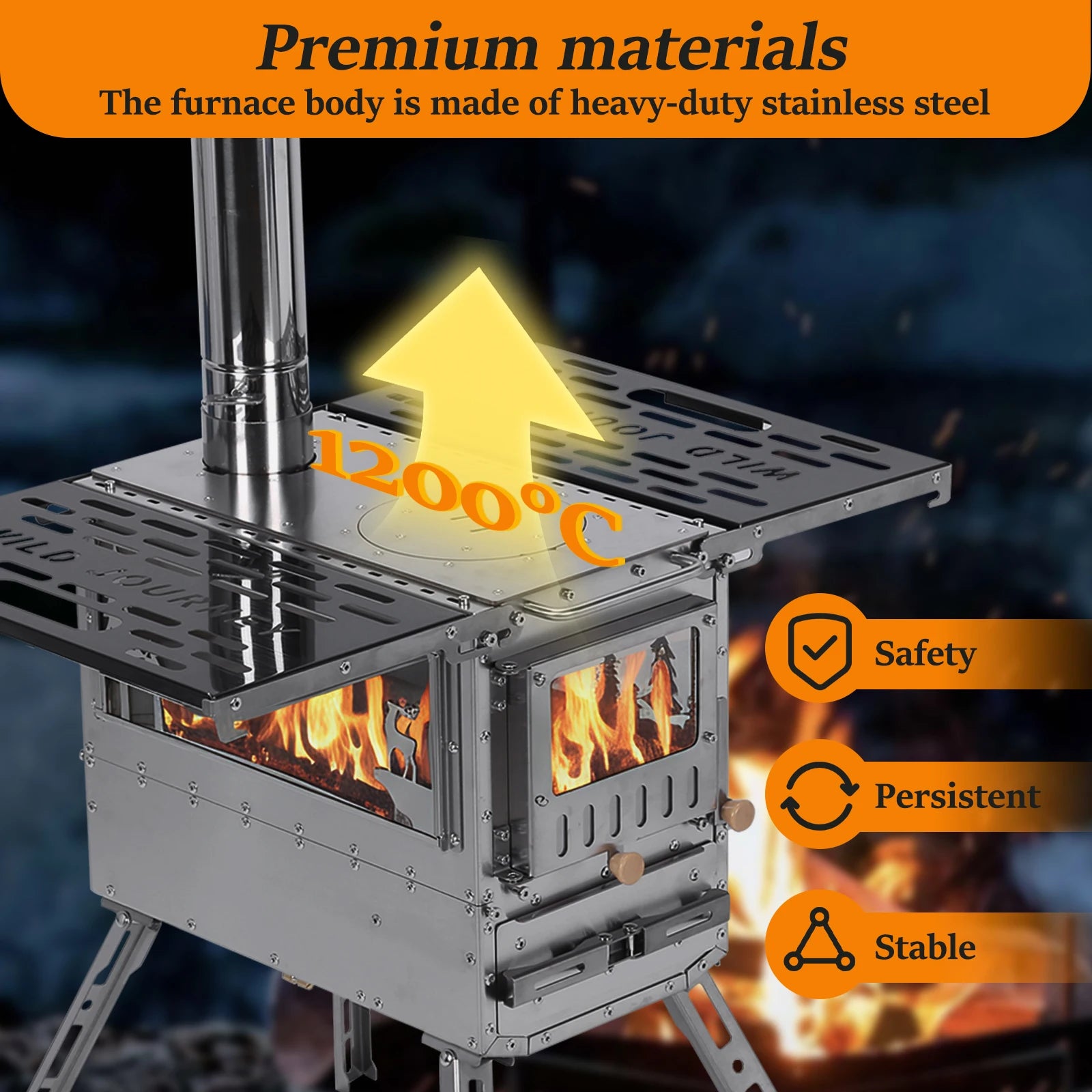 Wood Burning Tent Stove 6 Section Stainless Steel Chimney Portable Hot Tent Stove for Camping, Hunting, Ice Fishing Backpacking