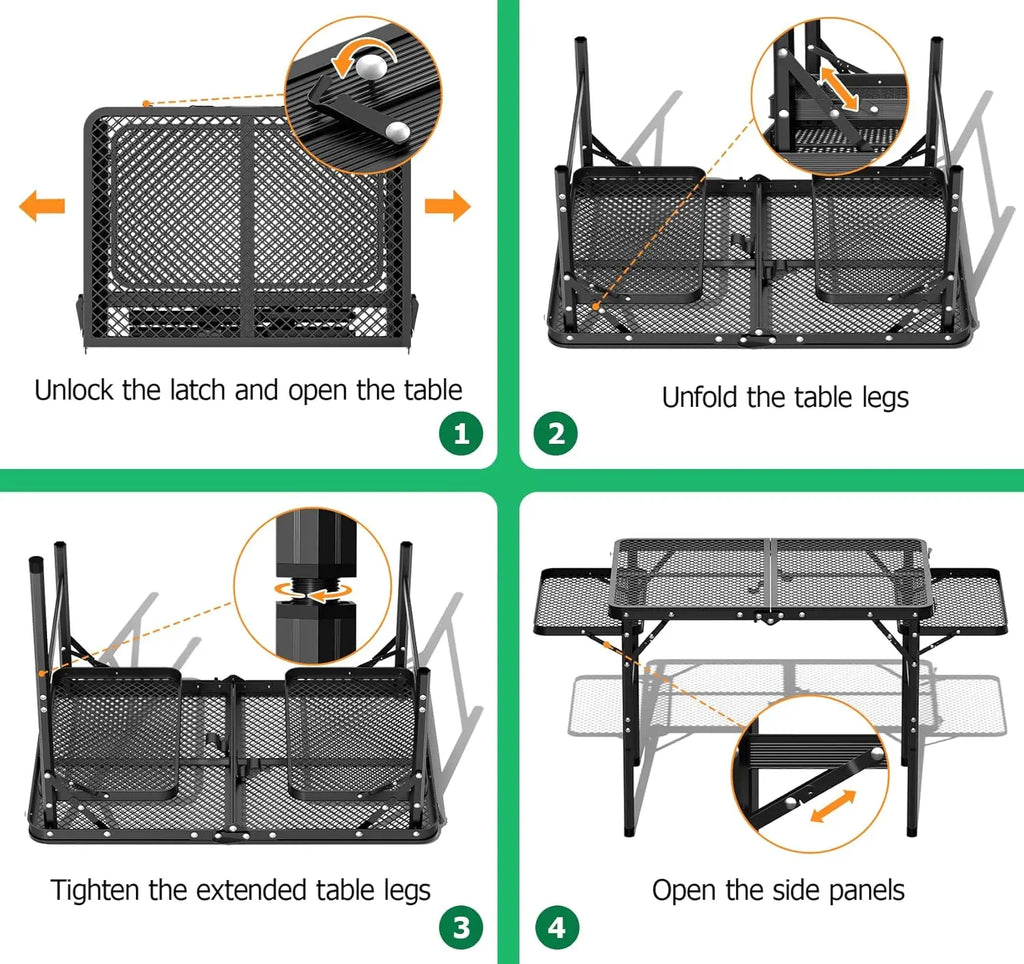 Adjustable Portable Camping Grill Table with 2 Extra Desks, Metal Outdoor BBQ Table, 53.14 x 26.6 x 23.6 in, Large Size