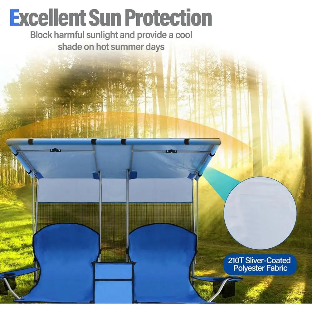 Durable Double Camping Chair with Canopy, Heavy-Duty Folding Beach Seat for Adults, Outdoor Chair with Cooler Bag for Sports, Be