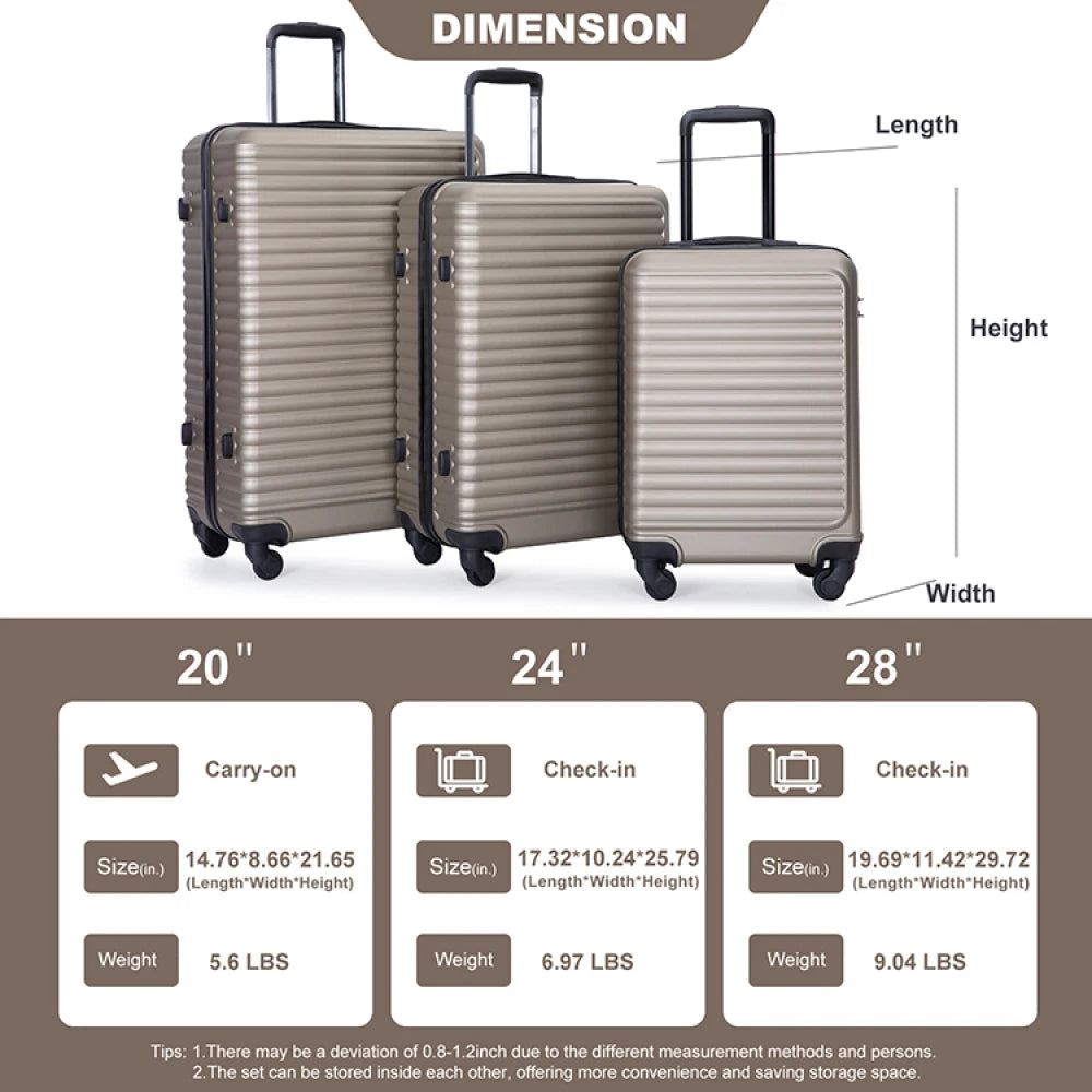 3 Piece Luggage Sets ABS Lightweight Suitcase with Two Hooks Spinner Wheels TSA Lock GOLD