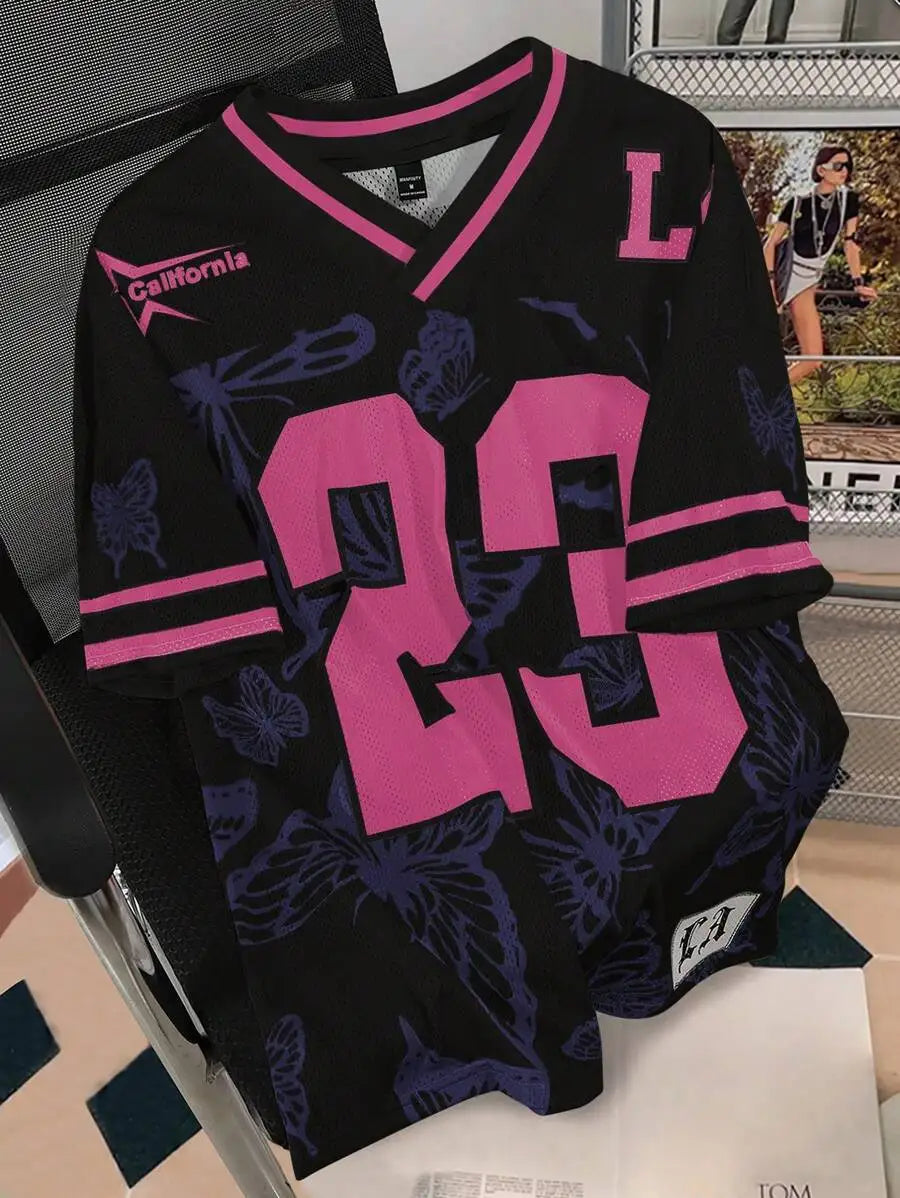 Men's Oversized Mesh Jersey Tee with Bold Number Print and Butterfly Pattern, Red & Cream V-Neck Streetwear Top