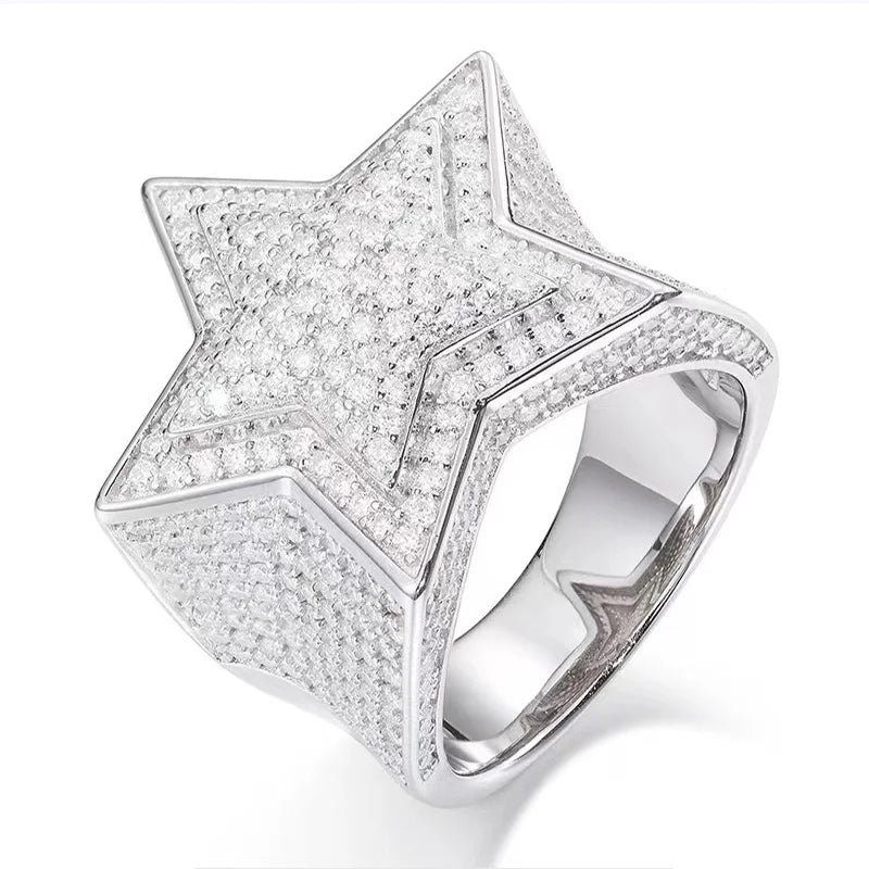 Five-Pointed Star Moissanite Ring, 925 Silver, D Color VVS1, Heavy Full Pave, Men's Street Style Rap, w/ Cert