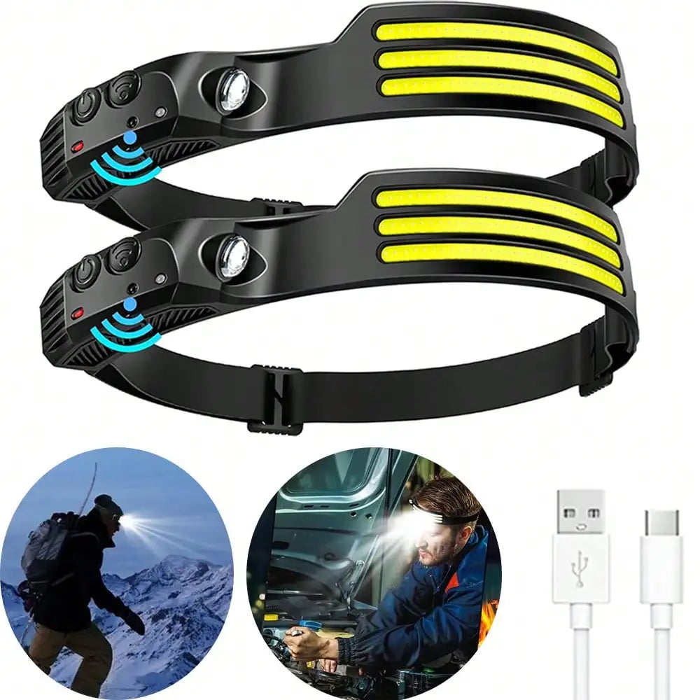 Two LED headlamps, adult helmet lights, USB-C interface headband flashlights, suitable for work, hiking, running, camping.