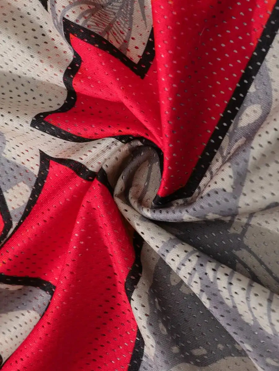 Men's Oversized Mesh Jersey Tee with Bold Number Print and Butterfly Pattern, Red & Cream V-Neck Streetwear Top