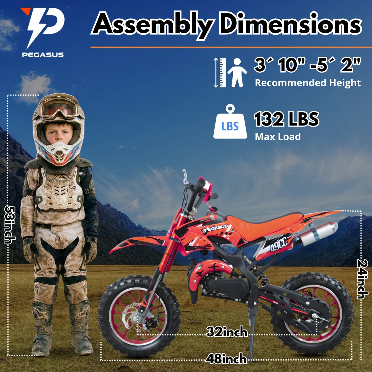 49cc Kids Dirt Bike, 2-Stroke Gas Powered Mini Motorcycle for Kids 8-14, Dual Disc Brakes, Front & Rear Suspension, 10” Off-Road