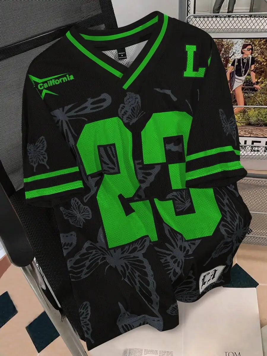 Men's Oversized Mesh Jersey Tee with Bold Number Print and Butterfly Pattern, Red & Cream V-Neck Streetwear Top