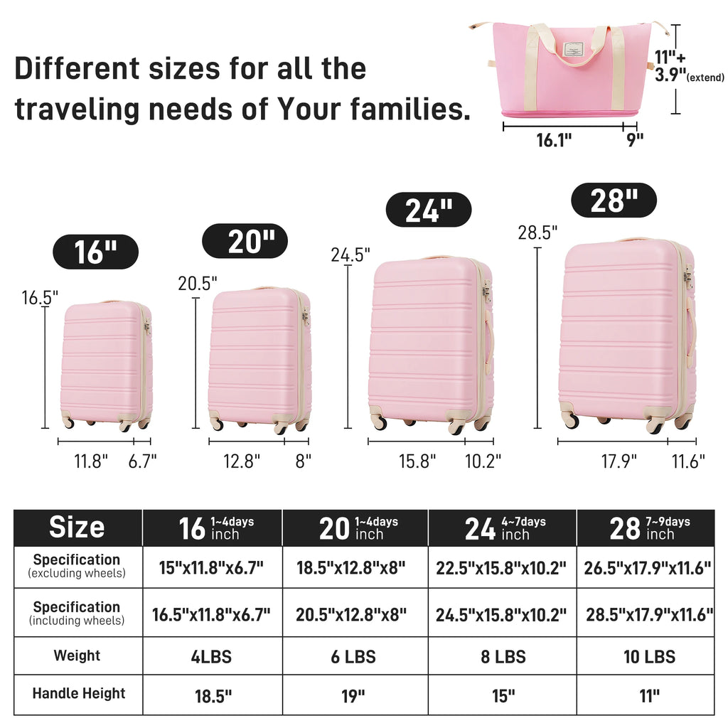 Hardshell Luggage Sets 4 pcs + Bag Spinner Suitcase with TSA Lock Lightweight-16"+20"+24"+28" Luggages set suitcases and travel