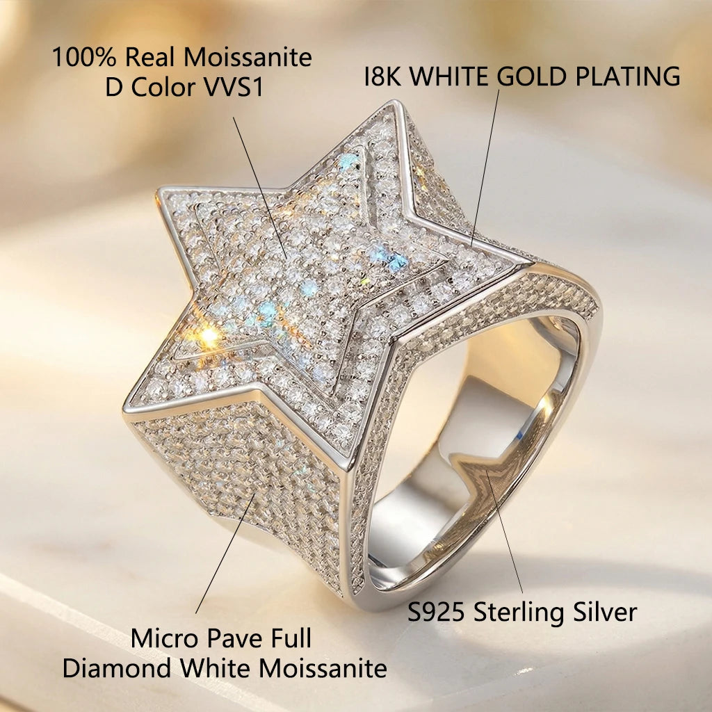 Five-Pointed Star Moissanite Ring, 925 Silver, D Color VVS1, Heavy Full Pave, Men's Street Style Rap, w/ Cert