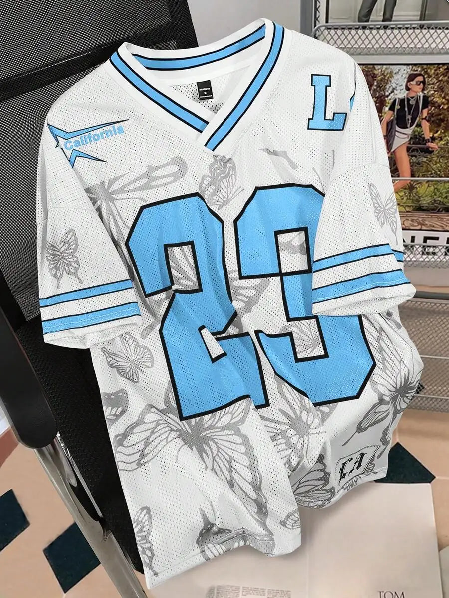 Men's Oversized Mesh Jersey Tee with Bold Number Print and Butterfly Pattern, Red & Cream V-Neck Streetwear Top