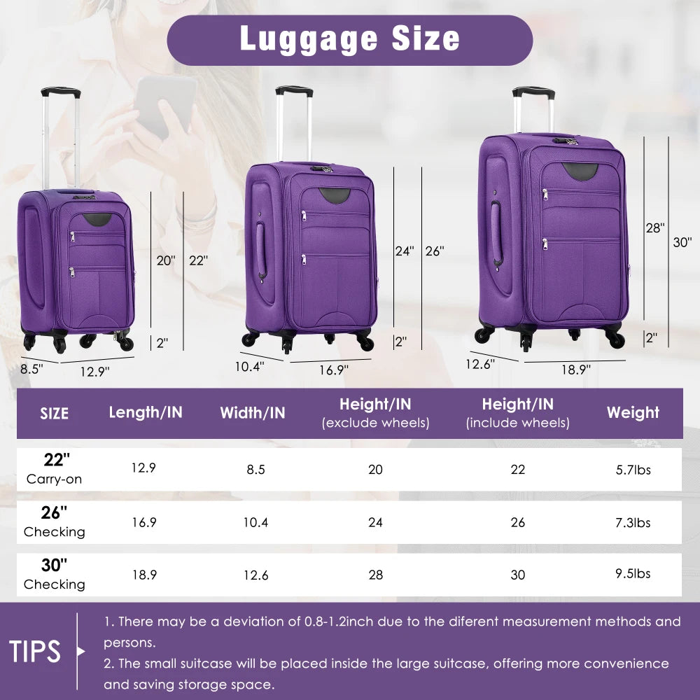 3Pcs Travel Luggage Set Softside Expandable 22/26/30 Inch Softshell Upright Suitcase with Duffel Bag Spinner Wheels