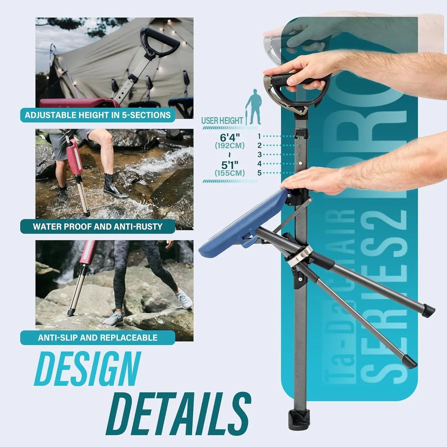 Portable Folding Walking Stick with Seat, Lightweight Aluminum Trekking Pole Chair for Hiking Support