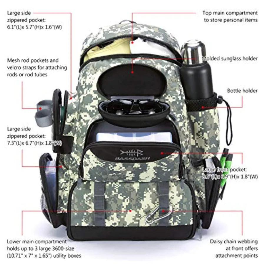 Fishing Tackle Backpack Water Resistant Tactical Bag Soft Tackle Box with Rod Holder and Protective Rain Cover