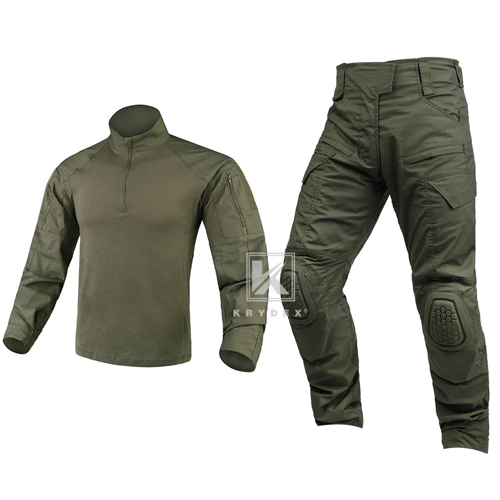 KRYDEX Tactical Combat Suit Shirt & Pants with Knee Pads Hunting Men Clothing Camouflage Uniform Set Camo Ranger Green