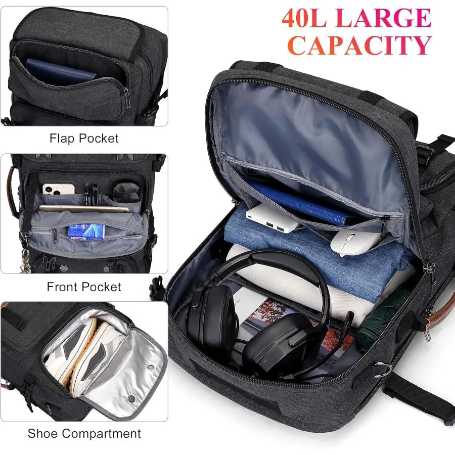 WITZMAN Travel Backpack for Men 40L Large Carry-on Airline Approved Convertible 3 in 1 laptop Bags Fit 17 inch A8013 Black