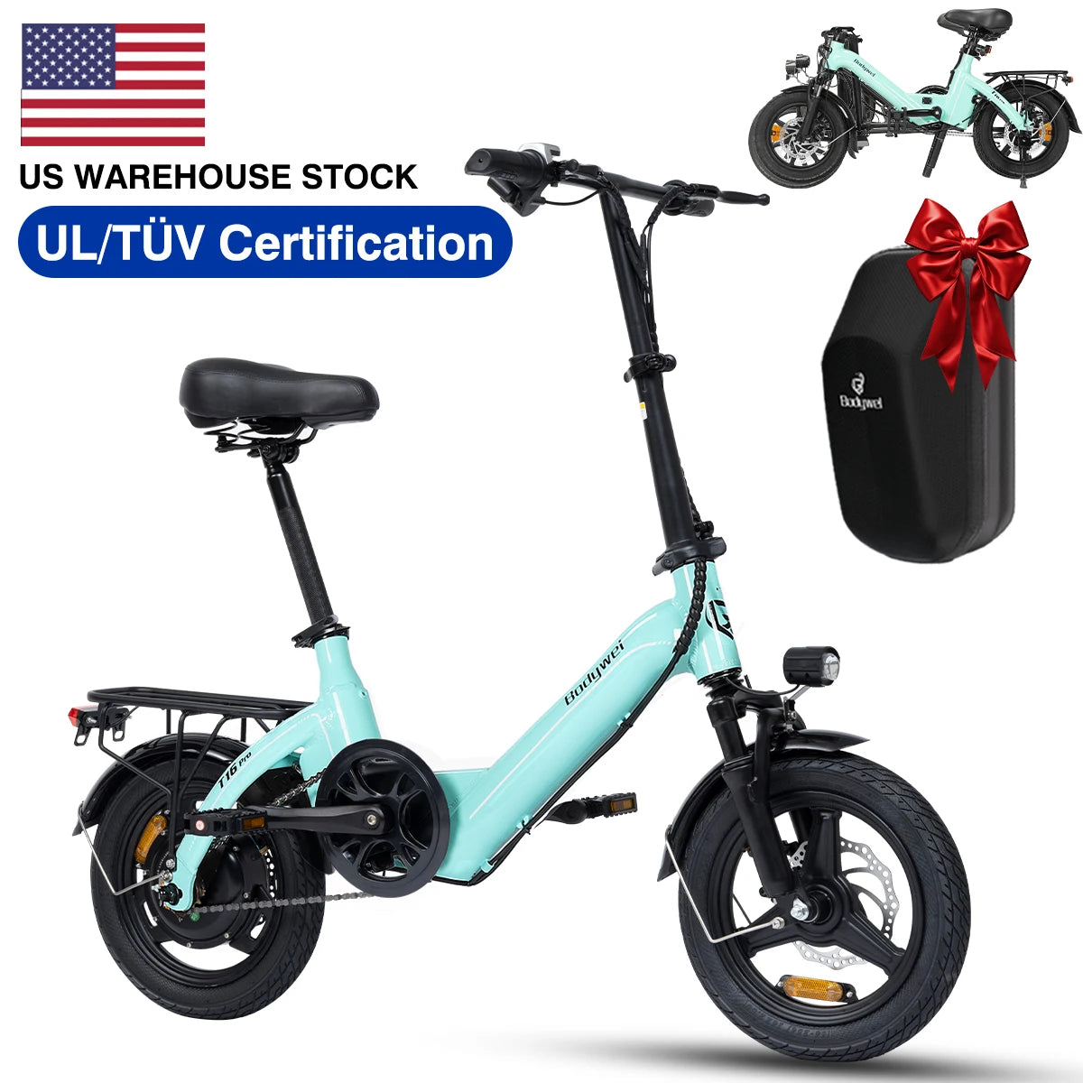 Folding Electric Bike 500W UL Certified, 36V 13Ah, 30 Mile Range, Compact Fold,Dual Disc Brakes, US Stock E bike Bodywel T16pro
