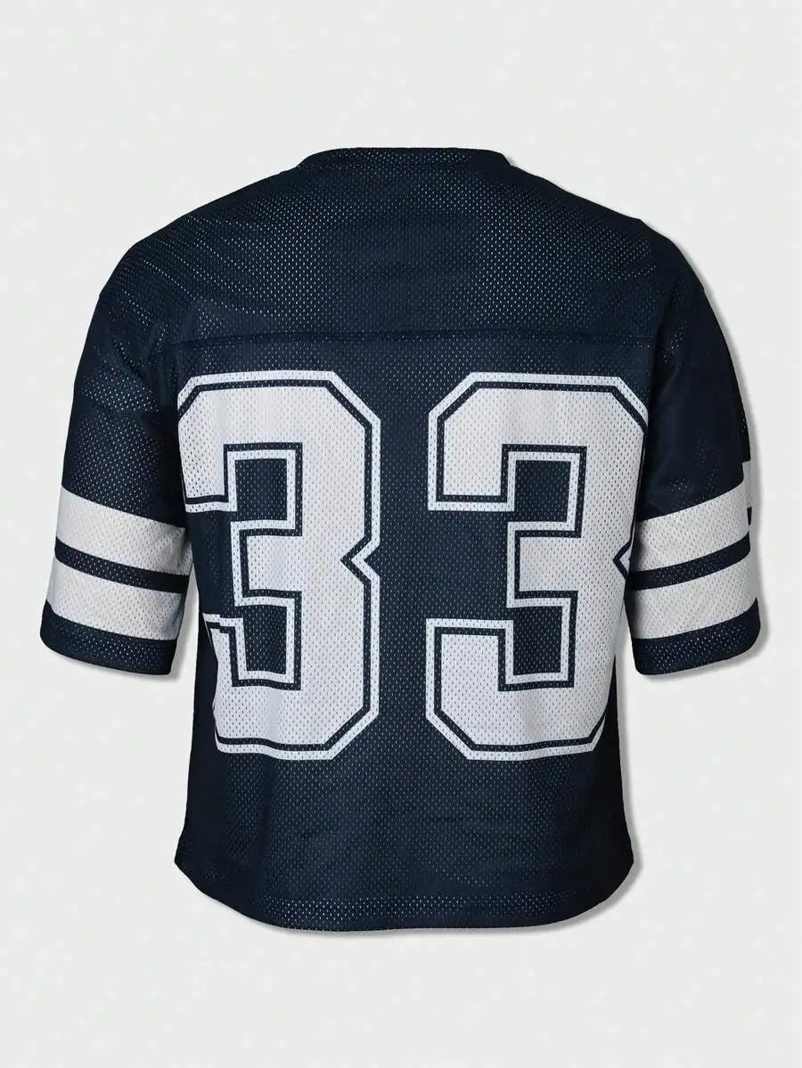 Men's Navy Mesh Jersey Tee with Bold Numeric Print and Stripe Sleeves