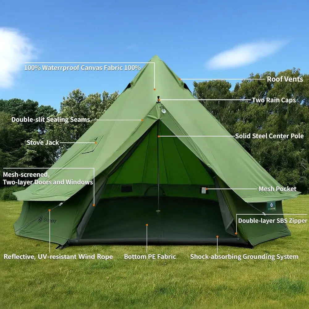 Family Outdoor Canvas Bell Yurt Tent with Stove Jack, Waterproof Luxury 4 Season Cotton Tents for Camping, Hunting, Parties, and