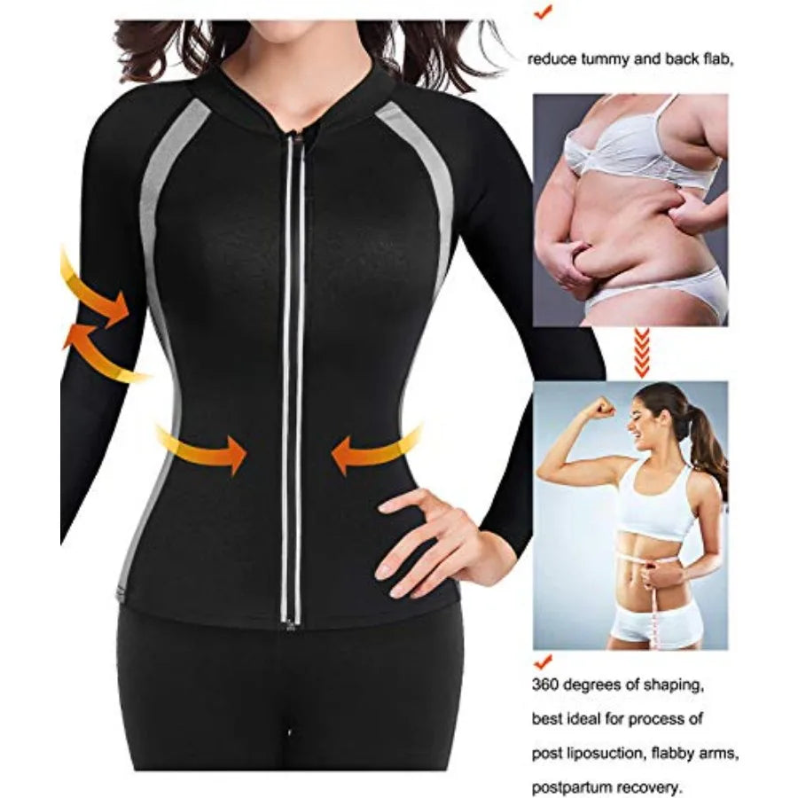 Women Sauna Suit Waist Trainer Jacket Hot Sweat Top Neoprene Body Shaper Workout Suit Running Cycling Jersey Black