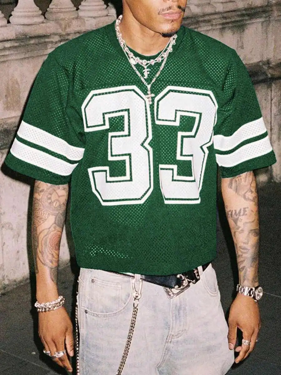 Men's Navy Mesh Jersey Tee with Bold Numeric Print and Stripe Sleeves