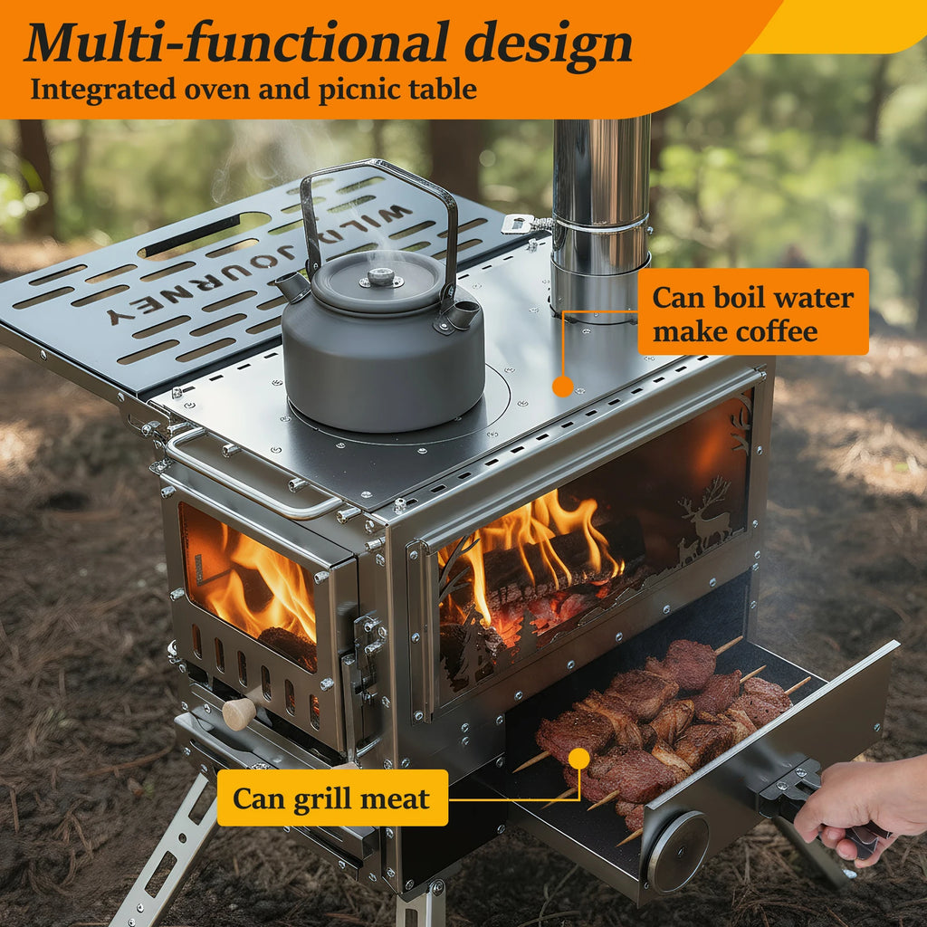 Camping Stove with Oven & Table Wood Burning Stove Chimney Pipes Included Stainless Steel Hot Tent Stove for Hunting Ice Fishing