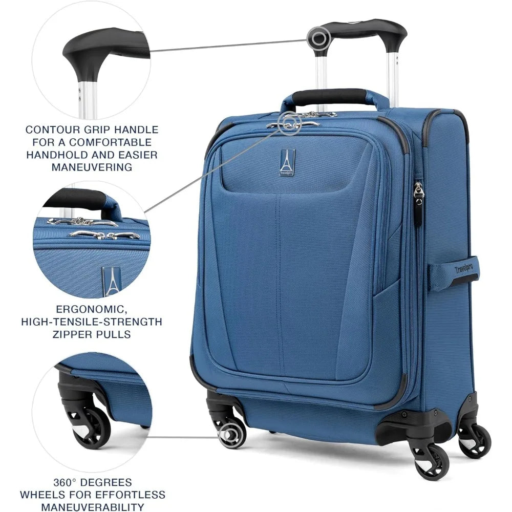 expandable softside carry-on luggage with 4 spinner wheels - lightweight suitcase for men and women, ideal for international tra