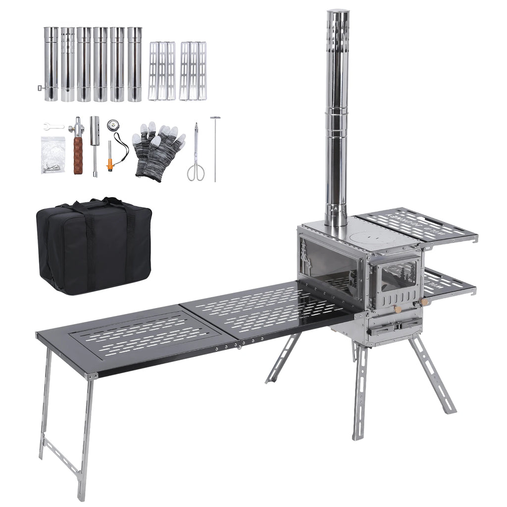 Camping Stove with Oven & Table Wood Burning Stove Chimney Pipes Included Stainless Steel Hot Tent Stove for Hunting Ice Fishing