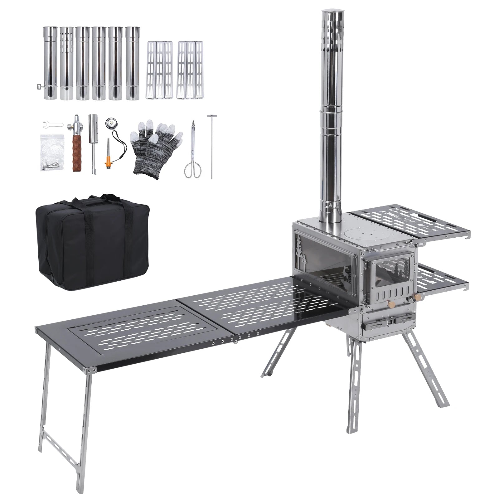 Camping Stove with Oven & Table Wood Burning Stove Chimney Pipes Included Stainless Steel Hot Tent Stove for Hunting Ice Fishing