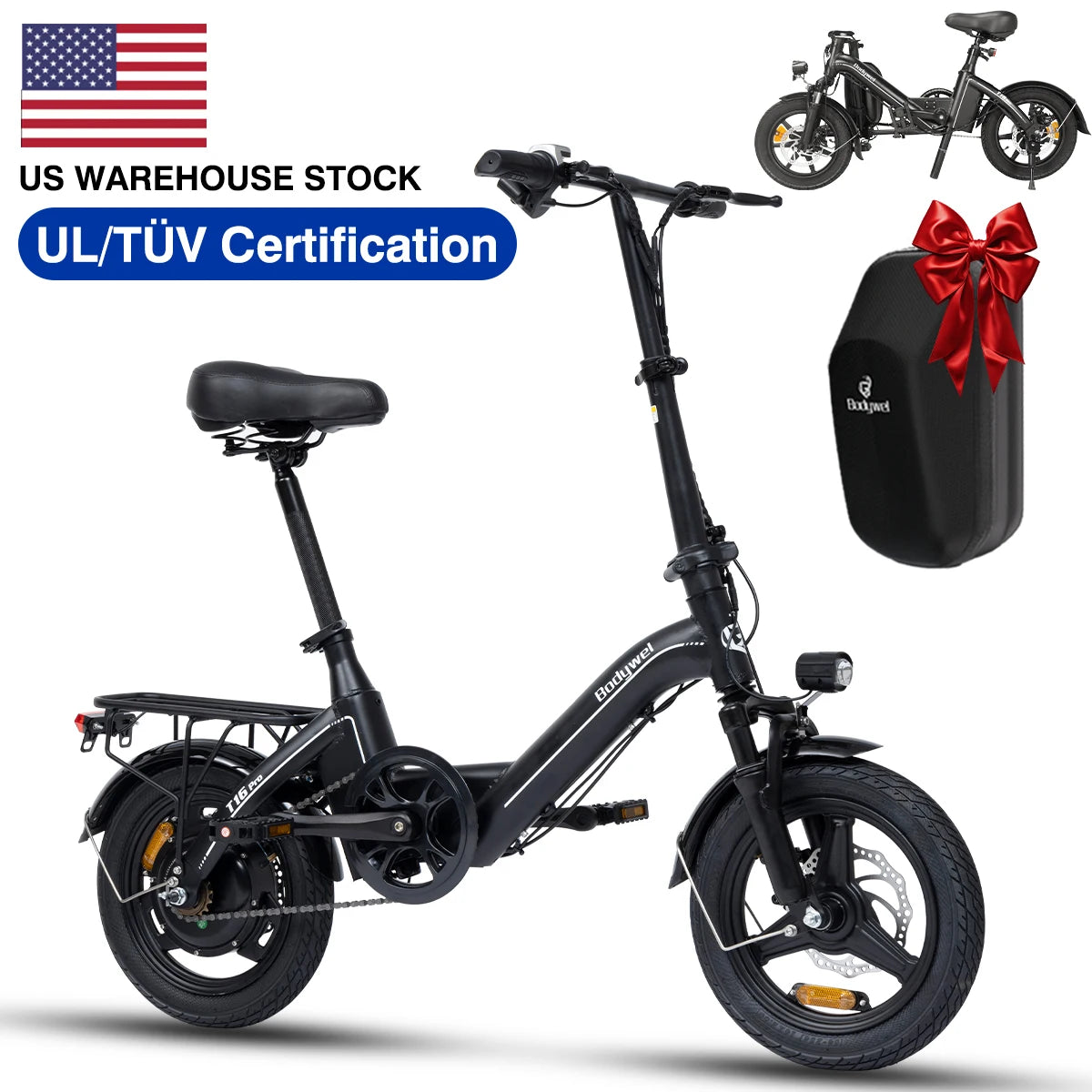 Folding Electric Bike 500W UL Certified, 36V 13Ah, 30 Mile Range, Compact Fold,Dual Disc Brakes, US Stock E bike Bodywel T16pro