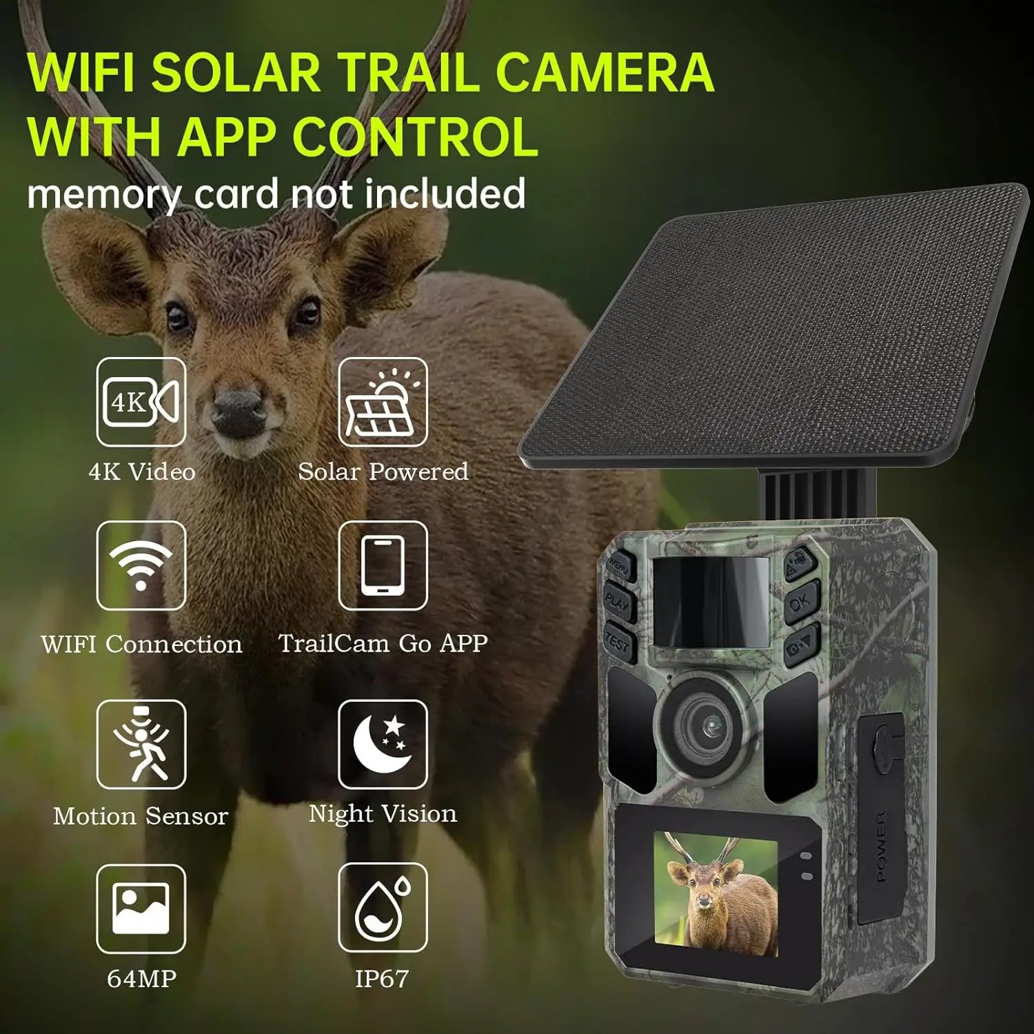 Trail Camera 4K 64MP Solar WiFi Game Hunting Camera with Night Vision, IP67 Waterproof, Motion Activated, 5000mAh Battery