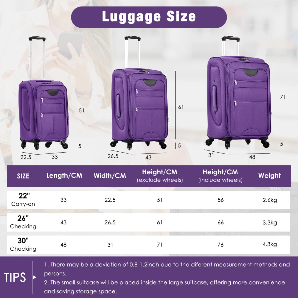 3Pcs Travel Luggage Set Softside Expandable 22/26/30 Inch Softshell Upright Suitcase with Duffel Bag Spinner Wheels