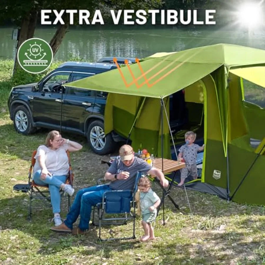 5-9 Person SUV Tent with Screen Porch and Awning for Family Camping Weather Resistant and Portable Van or Car Tent Includes Rai