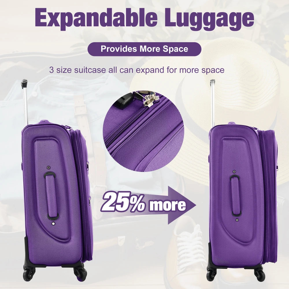 3-Piece Lightweight Softside Expandable Luggage Set 22/26/30" with Duffel Bag & Spinner Wheels Travel Suitcase