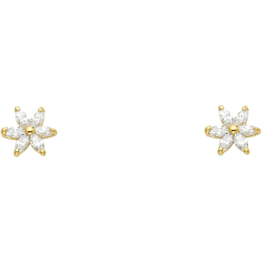 Real Yellow Gold Flower Stud Earrings with Screw Back, 3 Color Options, High-Quality Jewelry