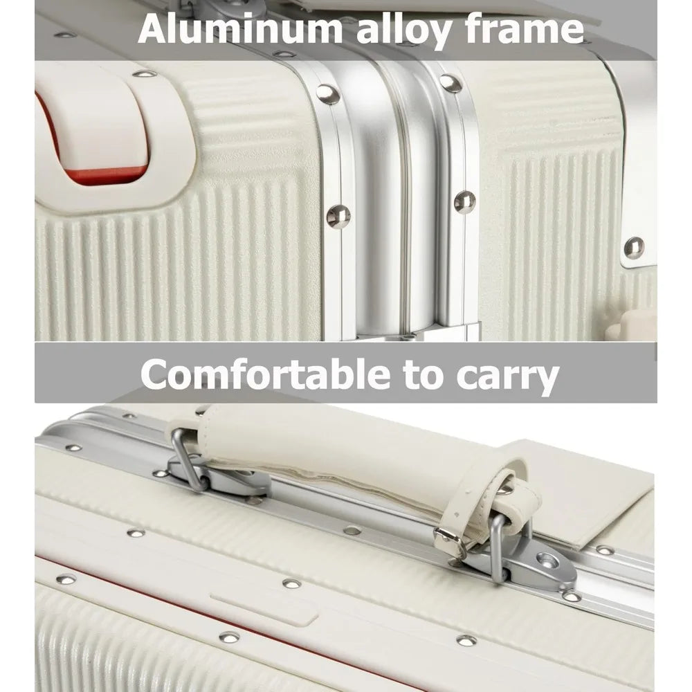 20 Inch Aluminum Frame Wide Handle PC Hardside Double Spinner Carry-On Luggage - Luxury Rolling Travel Suitcase