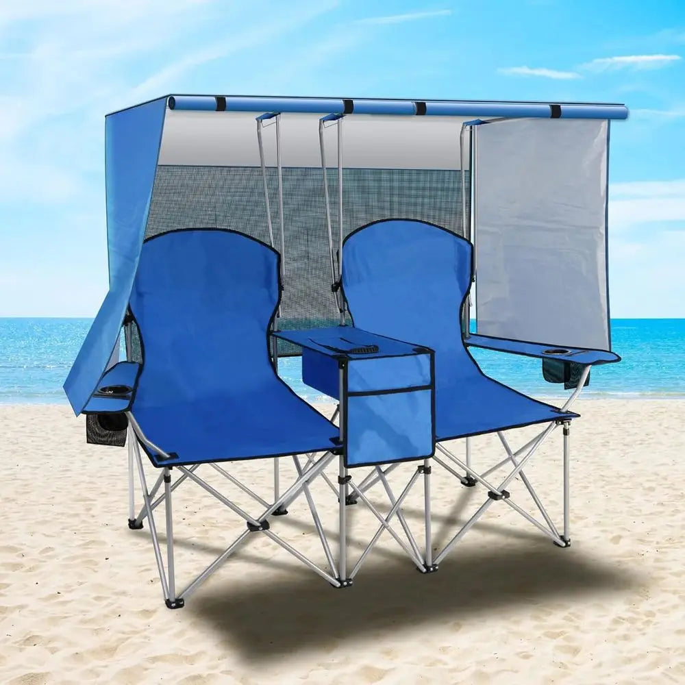 Durable Double Camping Chair with Canopy, Heavy-Duty Folding Beach Seat for Adults, Outdoor Chair with Cooler Bag for Sports, Be