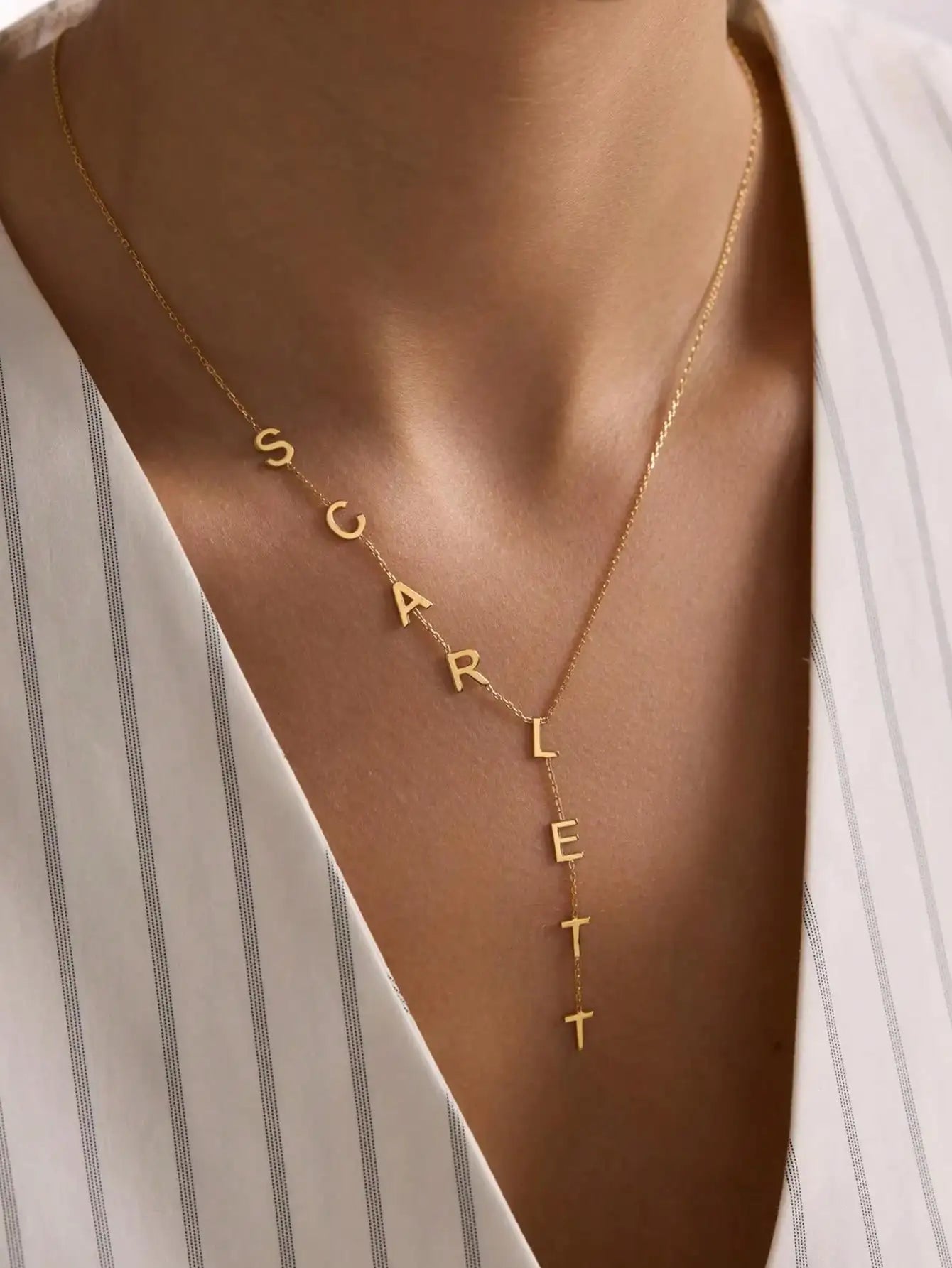 Custom Y-Shape Name Necklace with 1-12 Letters, Gold Plated Personalized Jewelry for Women