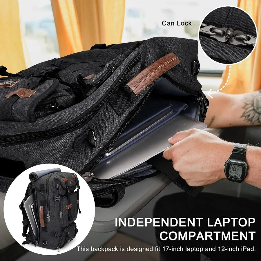WITZMAN Travel Backpack for Men 40L Large Carry-on Airline Approved Convertible 3 in 1 laptop Bags Fit 17 inch A8013 Black