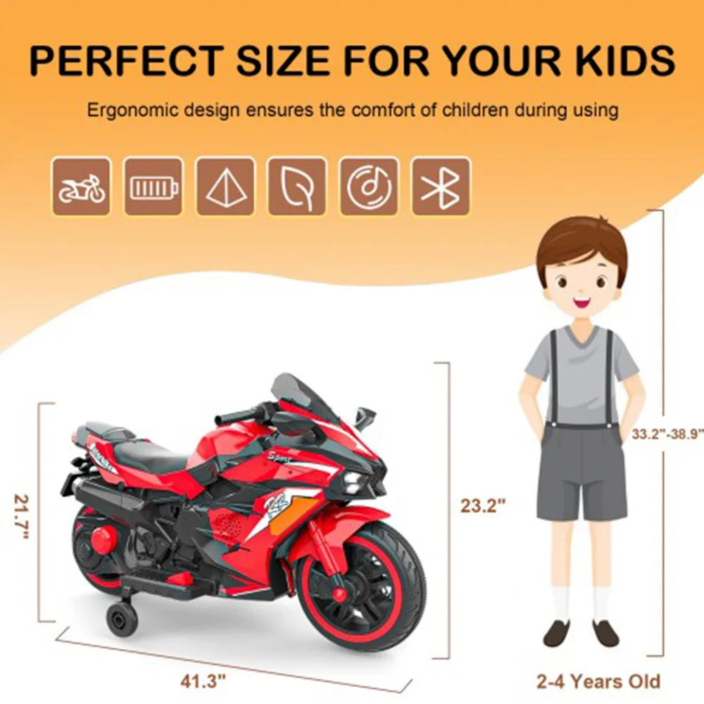 12V Motorcycle Electric Kids Motorcycle Battery Powered Color Light MUSIC Bluetooth Training wheels Motorcycle for 3-4Years Old