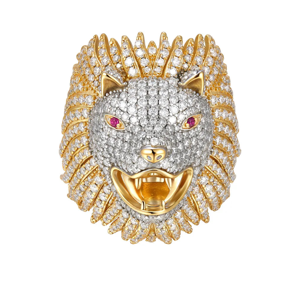 Hip Hop Men's Lion Head Moissanite Ring, Round D Color VVS1, Moissanite Band, 925 Sterling Silver, Ice Pave Jewelry