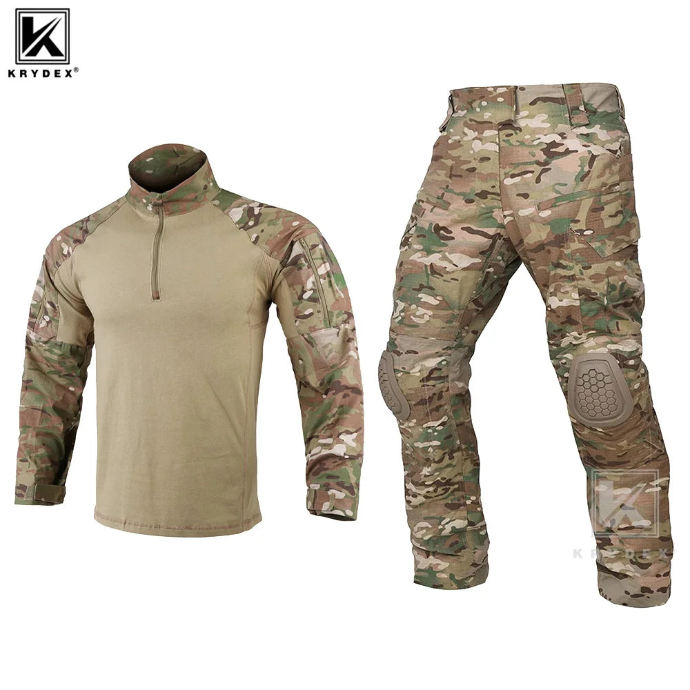 KRYDEX Tactical Combat Suit Shirt & Pants with Knee Pads Hunting Men Clothing Camouflage Uniform Set Camo Ranger Green
