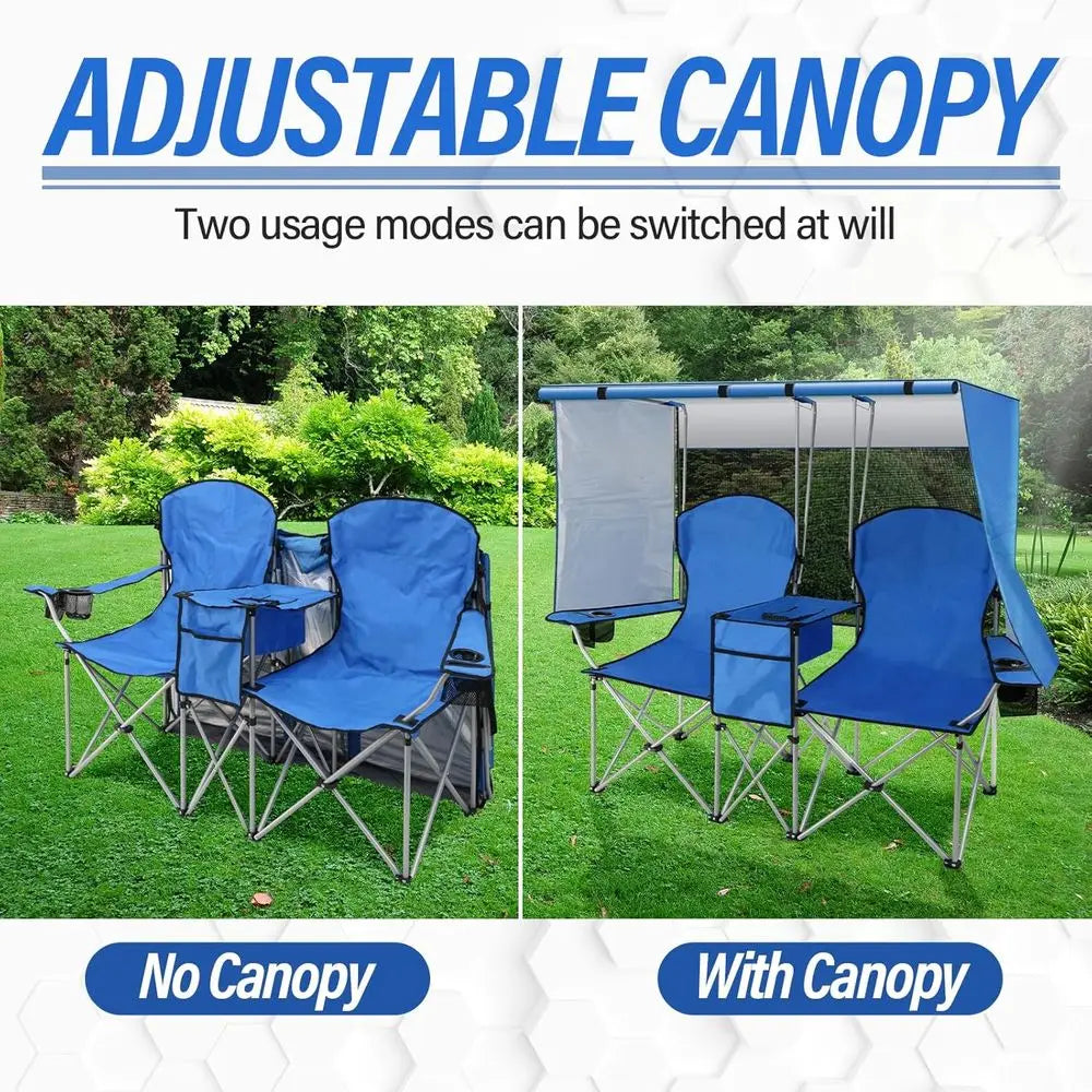Durable Double Camping Chair with Canopy, Heavy-Duty Folding Beach Seat for Adults, Outdoor Chair with Cooler Bag for Sports, Be