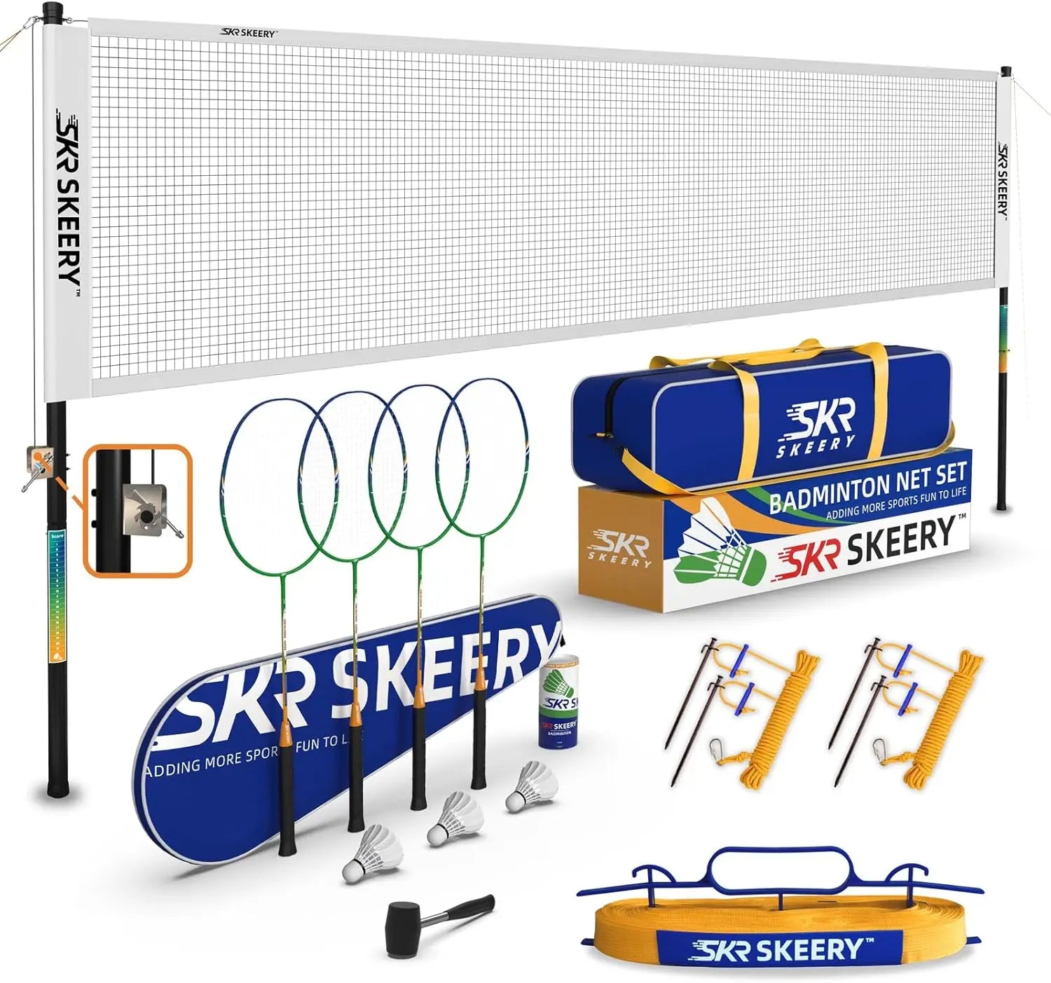 Portable Badminton Set with Winch System, Includes 4 Rackets, Net, Shuttlecocks & Bag for Backyard and Beach Fun
