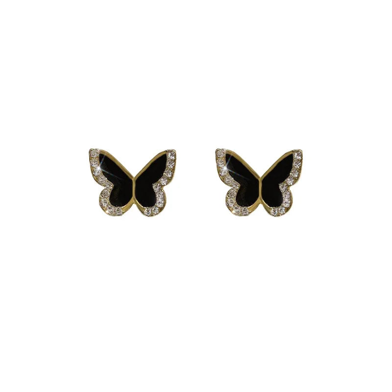 Cute Small Butterfly Stud Earrings for Women Fashion Black Enamel Oil Crystal Wings Side Insect Earrings Elegant Jewelry Gift